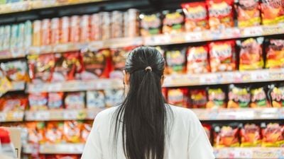 Consumer looking at front of package labeling